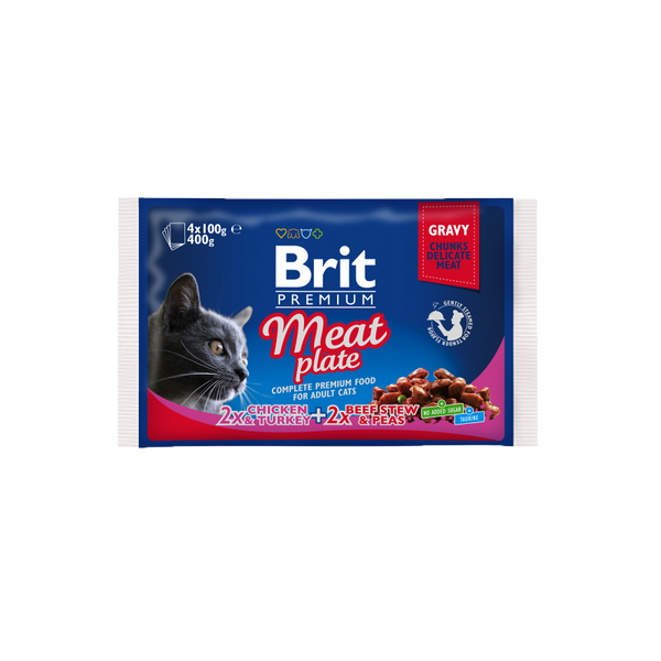 Brit Premium Cat Pouches Meat Plate  - паучове за котка хапки с пилешко, пуешко и говеждо месо в сос грейви 4 x 100 грама