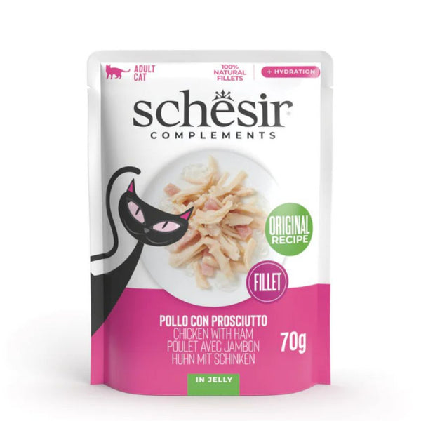Допълваща мокра храна за котки Schesir Complimentary Wet Cat Chicken with ham пилешко филе с шунка в желе