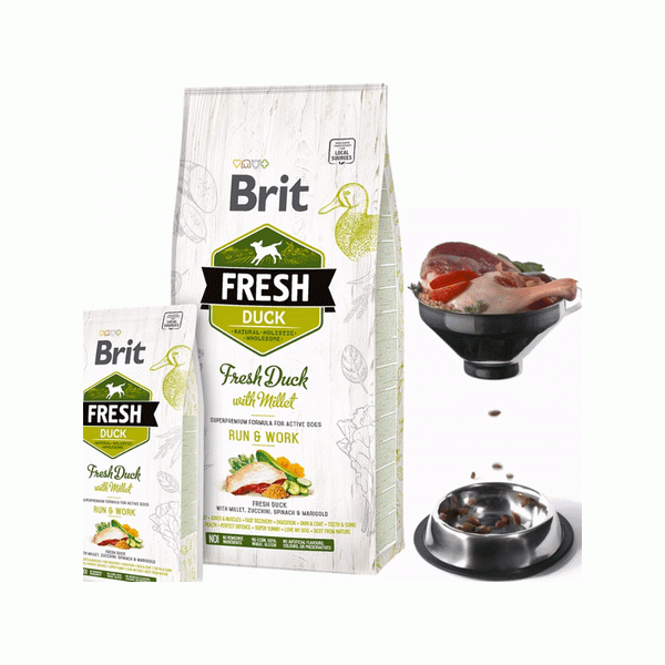 Холистична суха храна Brit Fresh Duck with Millet Adult Run & Work за активни кучета от всички породи, с прясно патешко месо, тиквички и спанак