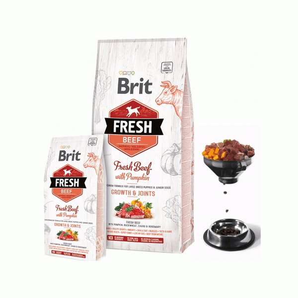 Холистична суха храна Brit Fresh Beef with Pumpkin Puppy Large Bones & Joints  за подрастващи кученца от големите породи, с прясно телешко месо и тиква 