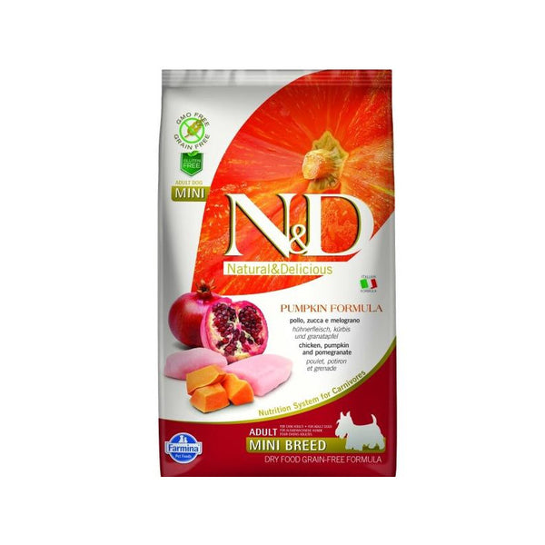 N&D Pumpkin Adult Mini Chicken&Pomegran за пораснали кучета от малките породи с пилешко месо, тиква и нар
