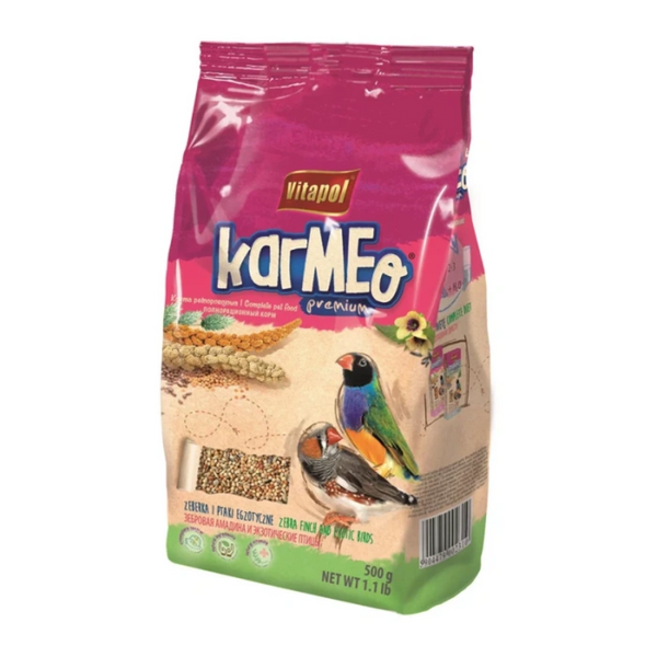 Пълноценна премиум храна за екзотични птици KARMEO PREMIUM complete food for zebra finch and exotic birds с три вида просо и черупки от стриди