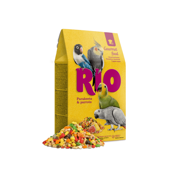Гурме храна за папагали RIO Gourmet food for parakeets and parrots за средни и големи папагали 250гр, със стафиди, смокини, ананас, ябълка и папая