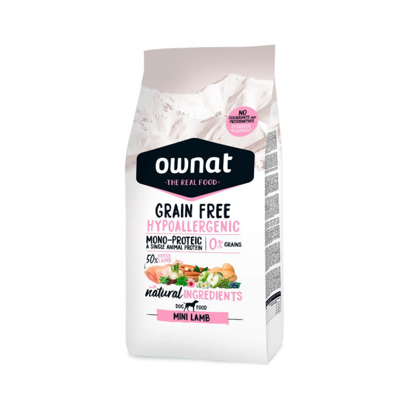 Натурална суха храна OWNAT GRAIN FREE HYPO MINI LAMB MONOPROTEIN - хипоалергенна формула БЕЗ зърнени култури, с 50% прясно агнешко