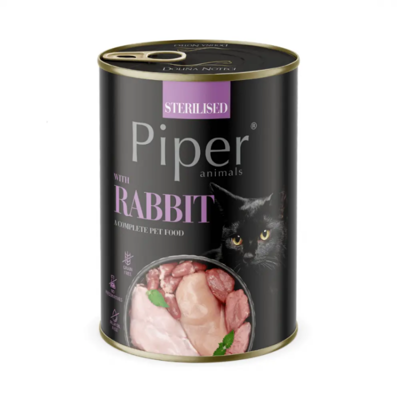 Пълноценна храна за кастрирани котки Piper® Cat Sterilised БЕЗ ЗЪРНО, с 55% заешко месо, 400 гр.