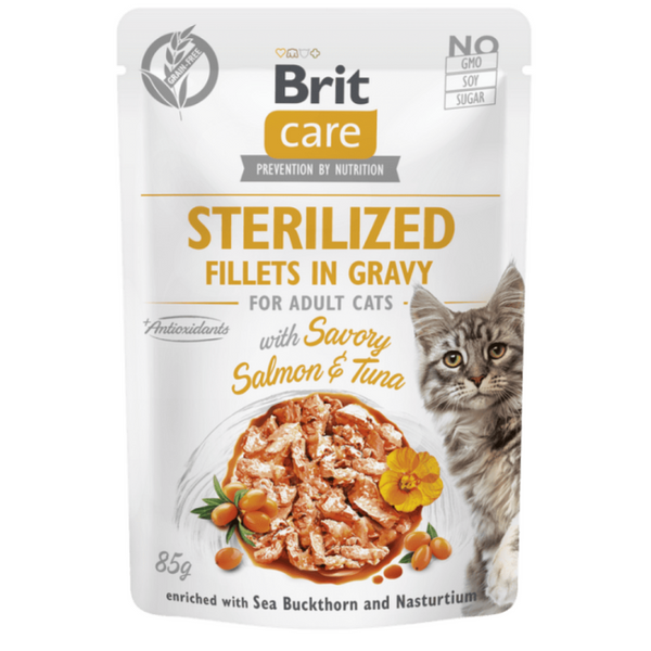 Пауч за котки Brit Care Cat Sterilized Fillets in Gravy with Savory Salmon & Tuna деликатесни филенца за кастрирани котки със сьомга и риба тон 