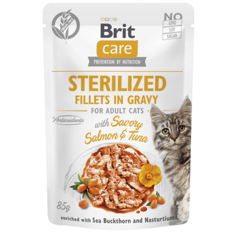 Пауч за котки Brit Care Cat Sterilized Fillets in Gravy with Savory Salmon & Tuna деликатесни филенца за кастрирани котки със сьомга и риба тон 