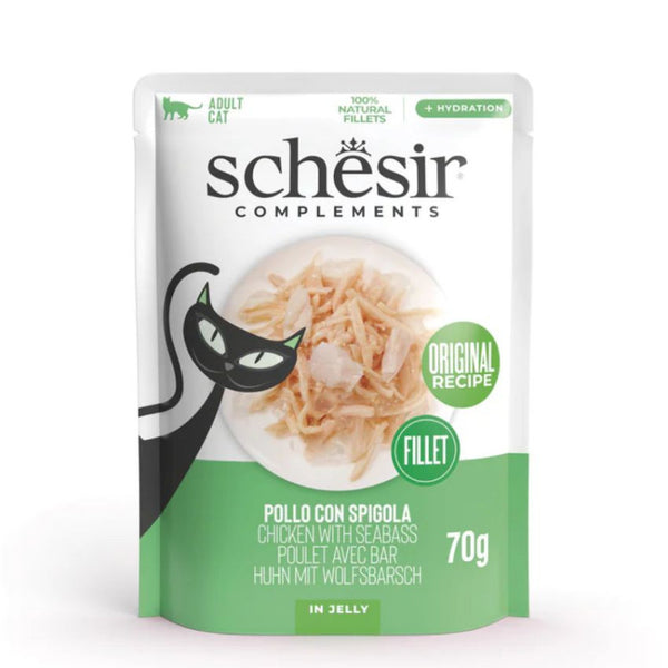 Допълваща мокра храна за котки Schesir Complimentary Wet Cat Chicken with seabass пилешко филе с лаврак в желе