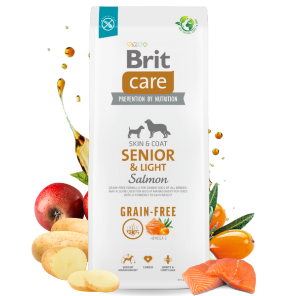 Brit Care Dog Grain-free Senior & Light - Пълноценна суха храна за кучета склонни към напълняване, със сьомга и картофи 
