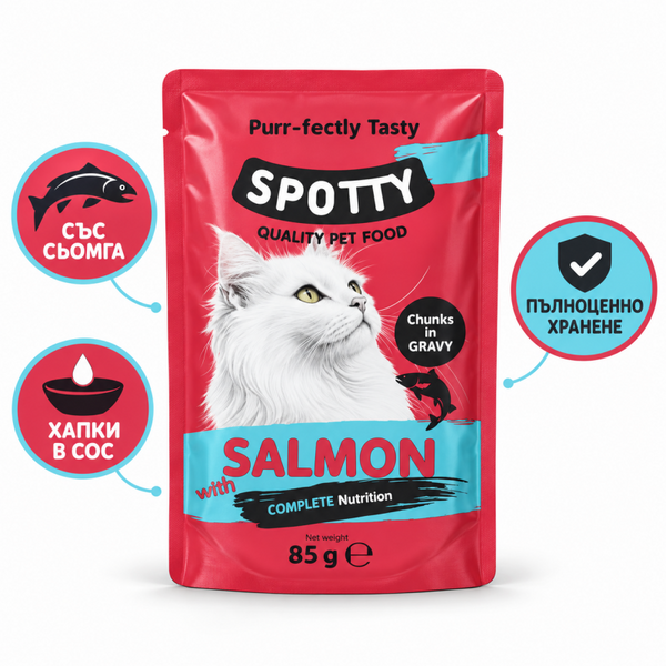 Пълноценна мокра храна за котки Spotty POUCH SALMON in gravy пауч с хапки от сьомга в сос грейви