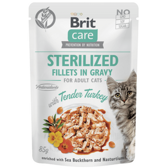 Пауч за котки Brit Care Cat Sterilized Fillets in Gravy with Tender Turkey деликатесни филенца за кастрирани котки с пуешко месо в сос, морски зърнастец и латинка