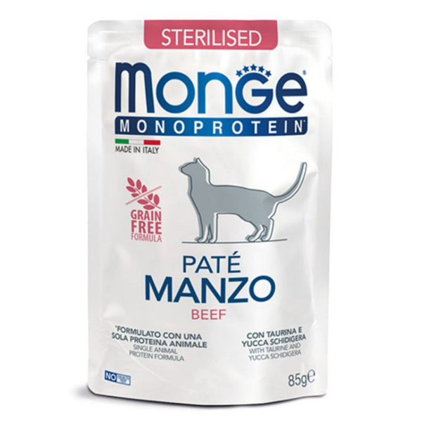 Монопротеинова храна за кастрирани котки Monge Natural Superpremium Cat Pouch Sterilised Beef - пауч с телешко 85гр.