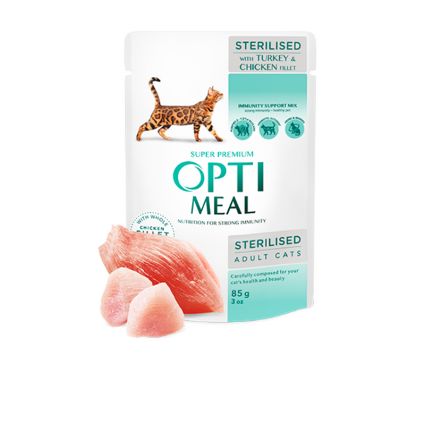 OPTIMEAL™. Сomplete сanned pet food for sterilised cats with turkey and chicken fillet in sauce 0,085 kg