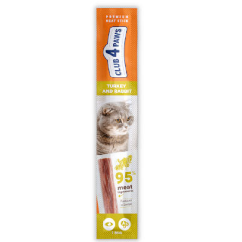 Високопротеиново лакомство за котки CLUB 4 PAWS Premium meaty stick месен стик с пуешко и заешко