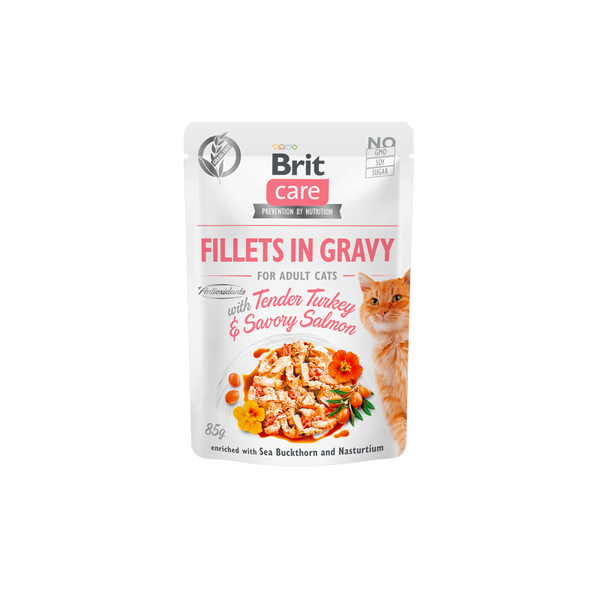 Brit Care Cat Pouch TENDER TURKEY & SAVORY SALMON in Gravy - пауч за котки с пуешко и сьомга в сос