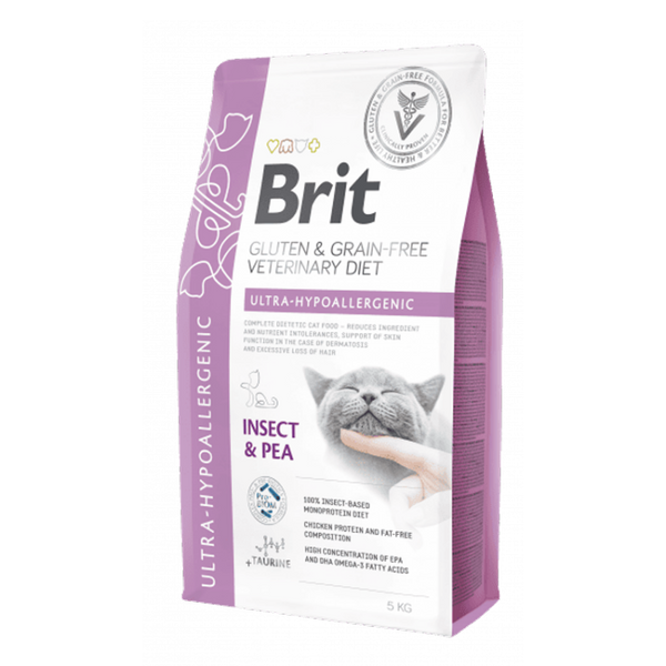 Πълнoцeннa, хипоалергенна cyxa xpaнa Brit GF Veterinary Diets Cat Ultra-hypoallergenic за котки с различни непоносимости, дерматологични или храносмилателни, БЕЗ ЗЪРНЕНИ КУЛТУРИ,  с протеин от насекоми и грах