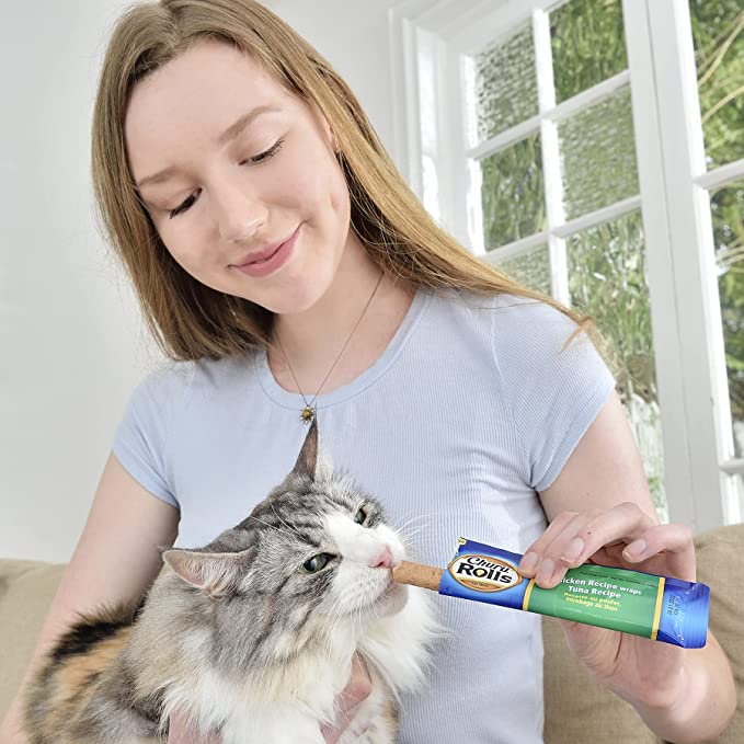 Woman feeding cat Churu Bites