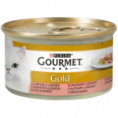 Мокра храна в консерва за котки PURINA GOURMET Gold Хапки в Сос Пиле и Сьомга 85гр.