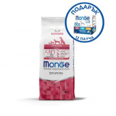 Монопротеинова храна за кучета в зряла възраст от всички породи Monge Natural Superpremium Adult All breeds Beef & Rice с телешко и ориз 12кг + подарък кутия паучове