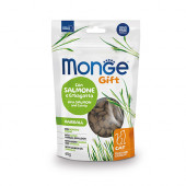 Monge Gift Filled And Crunchy Hairball Cat - лакомство за котки срещу космени топки, без зърнени култури, със сьомга и коча трева 60 гр