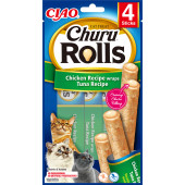 Лакомство за капризни котки Churu Rolls Chicken Recipe Wraps Tuna Recipe пилешки рулца с мус от риба тон; №1 в света мокро лакомство за котки