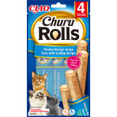 Лакомство за капризни котки Churu Cat Treats Rolls Chicken Recipe Wraps Tuna with Scallop пилешки рулца с пълнеж от риба тон