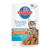 Hills Science Plan Feline Young Adult Sterilised Pouches Trout - Паучове с пъстърва, малки късчета в сос Грейви, за кастрирани котки 12 х 85гр,