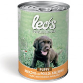 Leo’s Puppy с пилешко и пуешко – консерва хапки в сос – за подрастващи кученца 415 гр.