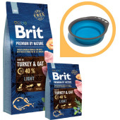 Суха храна за кучета BRIT PREMIUM LIGHT BY NATURE [ НОВА, ПОДОБРЕНА ФОРМУЛА ] с 40% прясно пуешко месо 15кг + подарък сгъваема купа