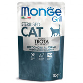 Monge Grill Sterilised с пъстърва – пауч с хапки в желе – за кастрирани котки в зряла възраст 85 гр.
