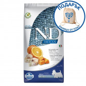Суха храна БЕЗ глутен N&D ADULT MINI PUMPKIN за пораснали кучета от малките породи, с риба треска, риба и портокал 7кг + подарък раница от плат
