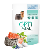 Пауч за кучета OPTIMEAL ™ Сomplete сanned pet food for adult dogs with salmon and blueberries in cream sauce със сьомга и боровинки в кремообразен сос
