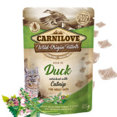Натурална, мокра храна за котки Carnilove CAT POUCH rich in Duck with catnip със 71% пилешко месо, 14% пуешко, обогатена с котешка трева ,БЕЗ зърнени култури