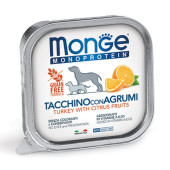 Монопротеинова храна за кучета в зряла възраст Monge Terrine Dog Fruit Pate Turkey with citrus fruits -терин пастет с пуешко и цитрусови плодове 150гр.
