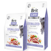 Пълноценна суха храна за кастрирани котки Brit Care Cat Grain-Free STERILIZED AND WEIGHT CONTROL със 26% прясно патешко, 26% пуешко и зеленчуци, БЕЗ ЗЪРНЕНИ КУЛТУРИ