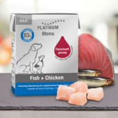 Мокра храна за кучета Platinum Menu Adult Fish + Chicken с 57% Прясно Пилешко месо, 26% Риба и зеленчуци