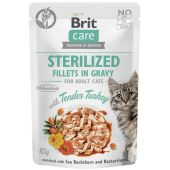Пауч за котки Brit Care Cat Sterilized Fillets in Gravy with Tender Turkey деликатесни филенца за кастрирани котки с пуешко месо в сос, морски зърнастец и латинка