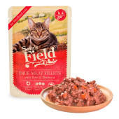 Натурална, мокра храна за кастрирани котки Sam's field CAT POUCH for sterilized cats with Beef filets със 77% пилешко месо, 8% говеждо и цвекло, БЕЗ зърнени култури