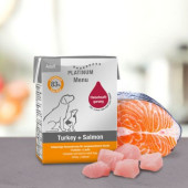 Мокра храна за кучета Platinum Menu Adult Turkey + Salmon с 63% Прясно пуешко месо, 20% Прясна сьомга и зеленчуци