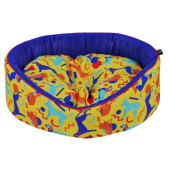 Овално, меко кучешко легло CAZO Foam Bed Abstract Dogs Yellow в жълто-син дизайн