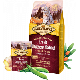 Пълноценна суха храна за котки Carnilove Fresh Chicken & Rabbit Gourmand for Adult cats с 42% прясно пилешко и 22% заешко БЕЗ ЗЪРНЕНИ КУЛТУРИ
