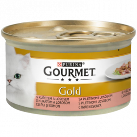 Мокра храна в консерва за котки PURINA GOURMET Gold Хапки в Сос Пиле и Сьомга 85гр.