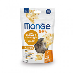 Monge Gift Filled And Crunchy Fussy Cat - лакомство за капризни котки, без зърнени култури със свинско и сирене 60 гр