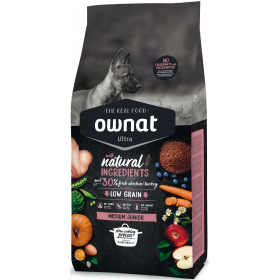 Натурална суха храна Ownat Ultra Medium Junior с пряснo пилешко и пуешко месо, за подрастващи кученца от средните породи