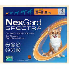 NexGard Spectra - защита от бълхи, кърлежи, нематоди и превенция на дирофиларията, за кучета от 2 до 3.5 кг., 1 таблетка
