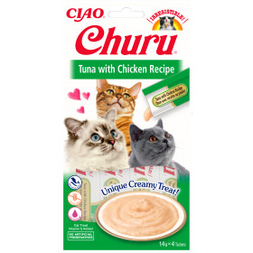 Кремообразно котешко лакомство Churu Cat Treats Tuna with Chicken Recipe мус от риба тон и пилешко; №1 в света мокро лакомство за котки