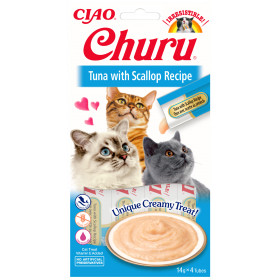 Кремообразно лакомство за капризни котки Churu Cat Treats Tuna with Scallop Recipe мус от риба тон с дълбоководни, океански миди; №1 в света мокро лакомство за котки