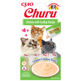 Кремообразно лакомство за капризни котки Churu Cat Treats Chicken with Scallop Recipe мус от пилешко месо с дълбоководни, океански миди