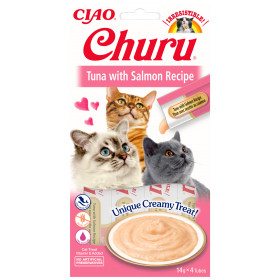 Кремообразно лакомство за капризни котки Churu Cat Treats Tuna with Salmon Recipe мус от риба тон и сьомга; №1 в света мокро лакомство за котки