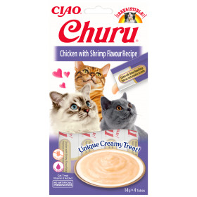 Кремообразно лакомство за капризни котки Churu Cat Treats Chicken with Shrimp Flavour Recipe мус от пилешко месо и скариди; №1 в света мокро лакомство за котки 